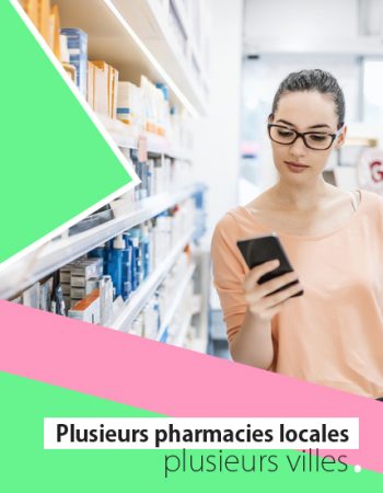 Photo of female Caucasian young consumer checking information on mobile phone in pharmacy. Medicine, pharmaceutics, health care and people concept. Woman using black smartphone while shopping in the pharmacy store during the day.