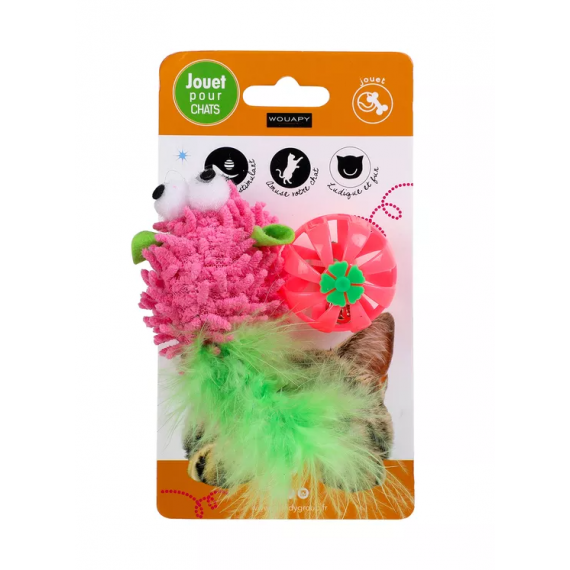 Jouet pour chat "Souris" à poils + balle plastique - Wouapy